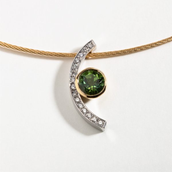 18ct Gold Pendant with Green Tourmaline and Pavé set Diamonds