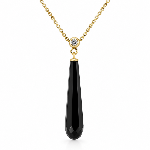 Pendant, 9ct YG, 3mm diamond bale and a hand cut, art deco, onyx briolet