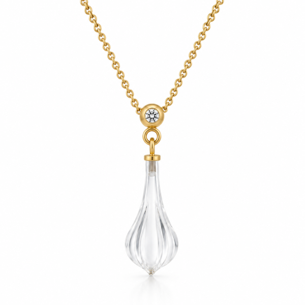 Pendant, 9ct YG, 3mm diamond bale and hand carved rock crystal briolette