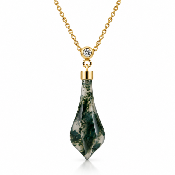 Pendant, 9ct YG, 3mm diamond bale, handcarved moss agate briolette,